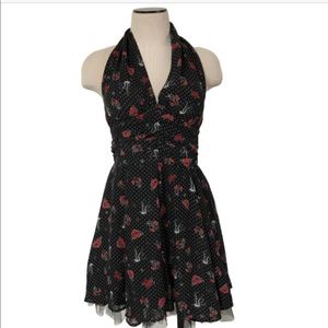 Hell Bunny Black Halter Swing Dress with Red Floral Print
